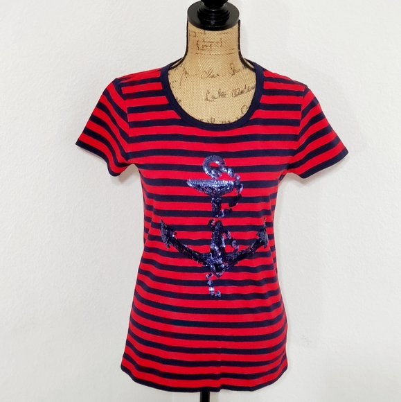 Dkny Tops - DKNY blue and  red striped short sleeve top sequin anchor sz. Sml